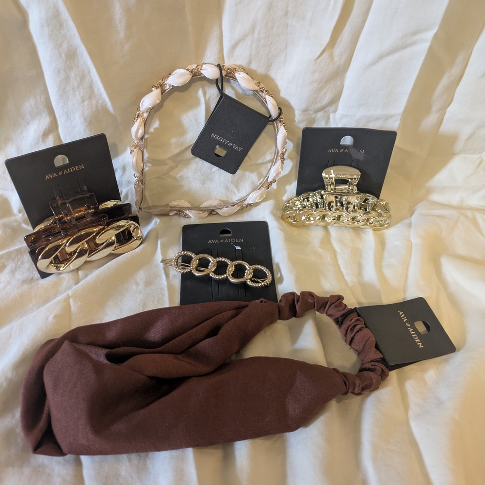 5 Piece Ava & Aiden Women's Hair Accessory Set Brown & Gold Clips, Head Bands